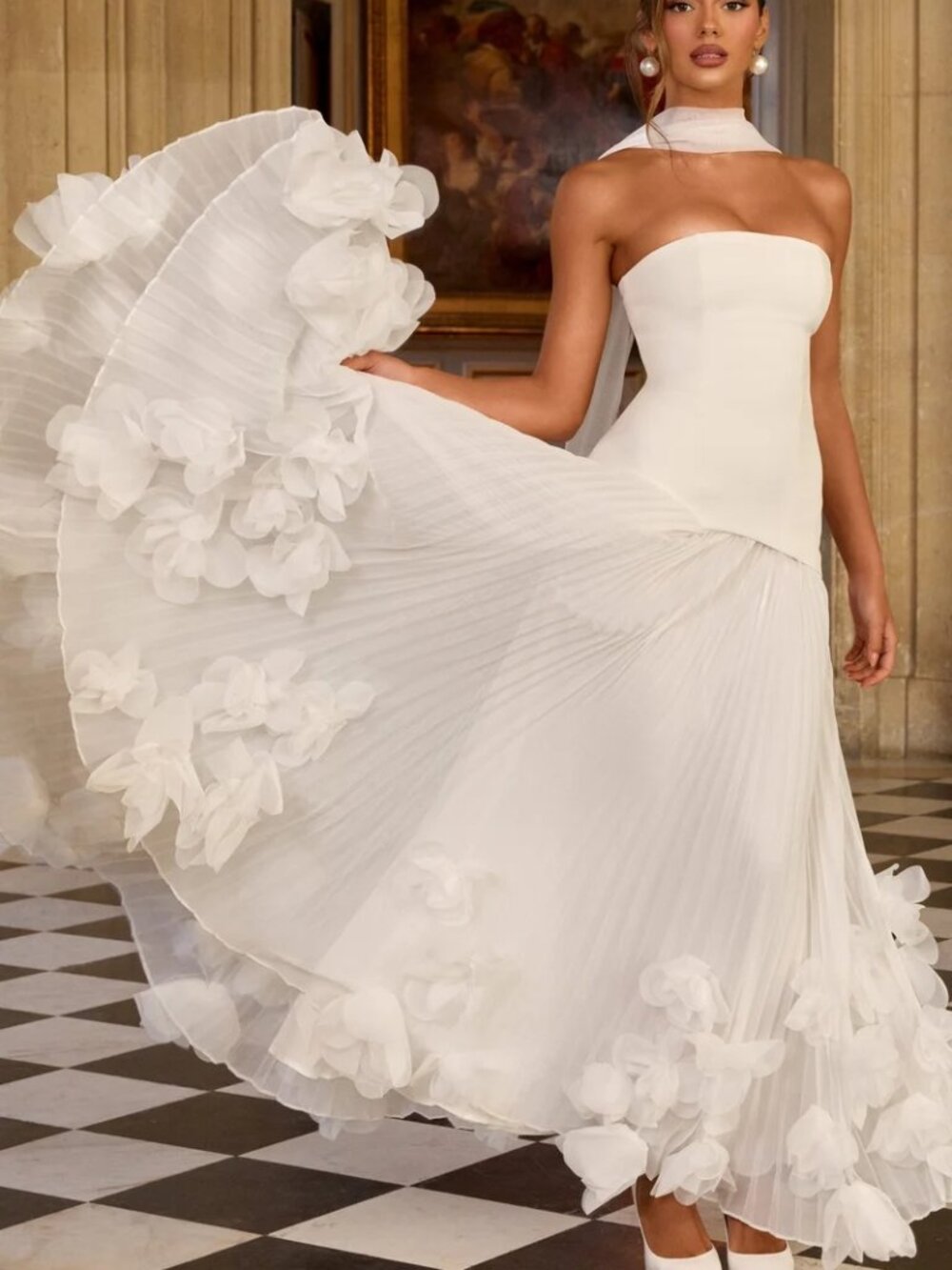 NWT Never Worn White Flowing Seraphina Gown with Floral Details